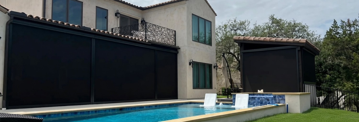 Outdoor zip shades on the pool house  Outdoor Shades USA