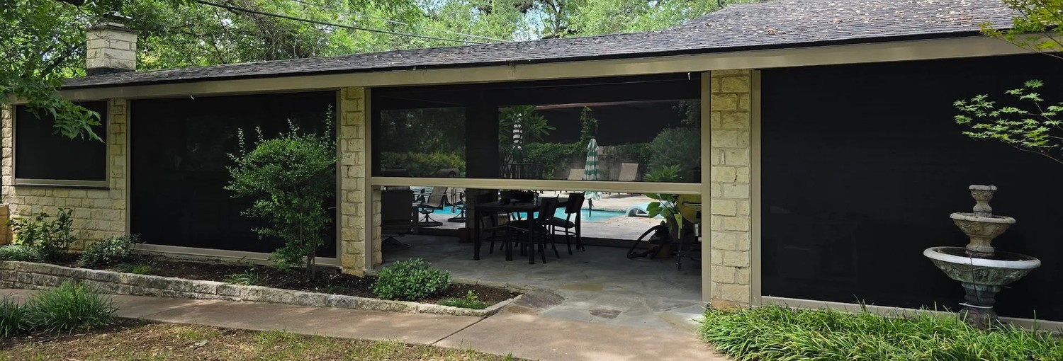 Outdoor zip shades on a stone patio  Outdoor Shades USA
