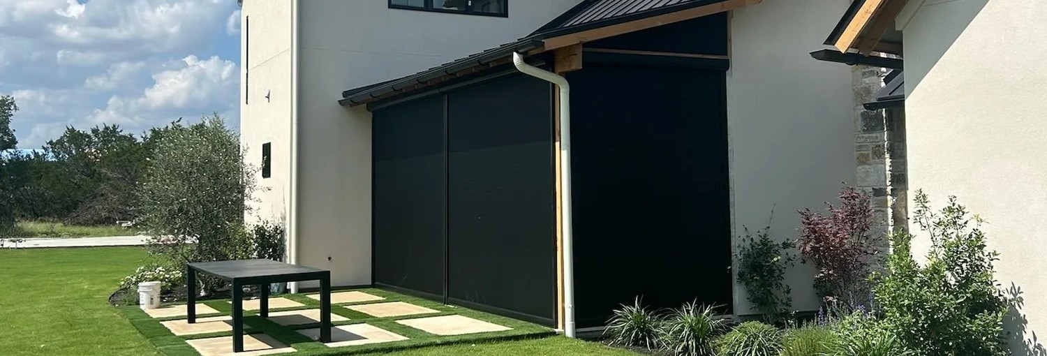 Outdoor zip shades on a modern home  Outdoor Shades USA